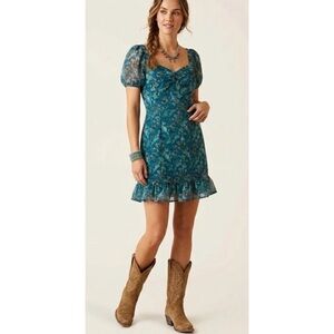 Sadie & Sage Teal Floral Short Puff Sleeve Dress Medium